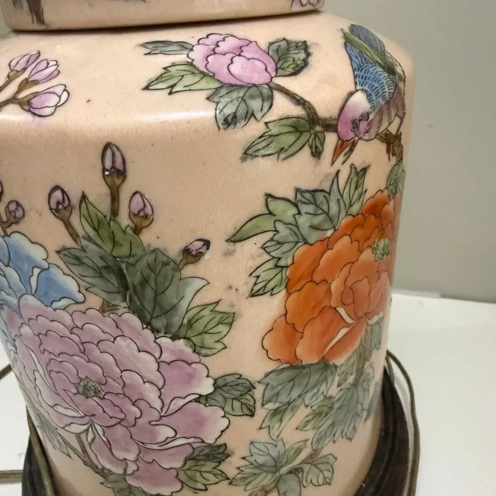 Chinese Ginger Jar Table Lamp Enamel Porcelain Pink Floral Bird Chinoiserie